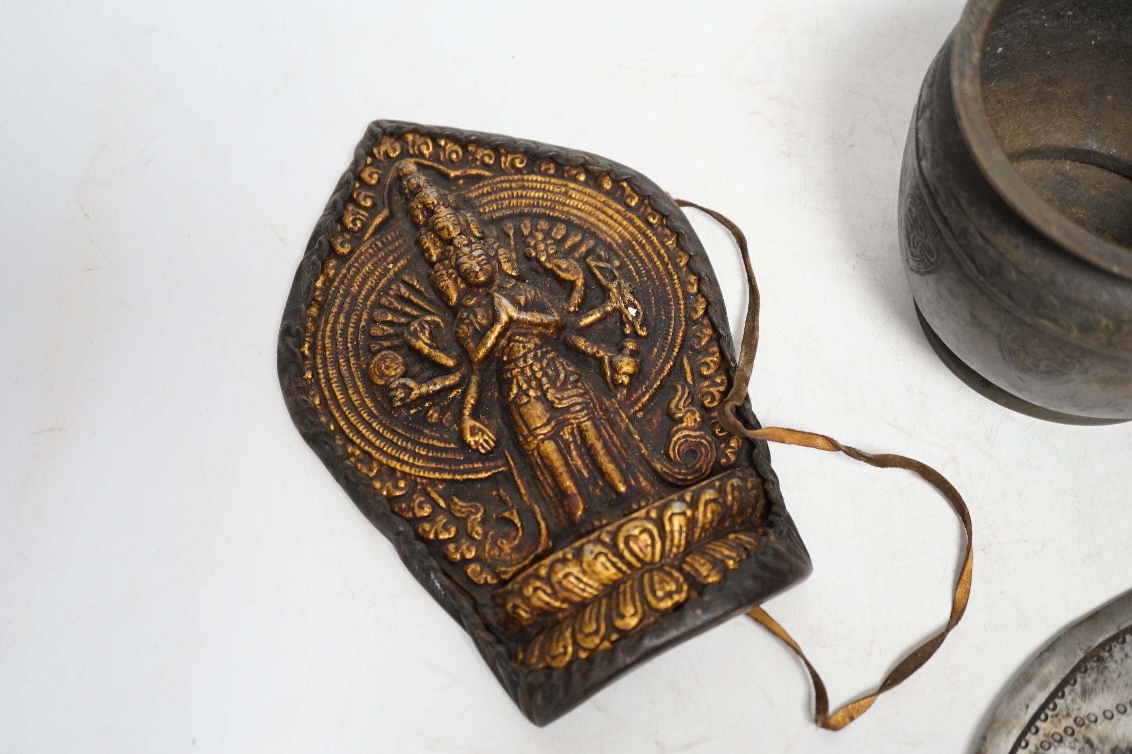 A collection of four Chinese and Tibetan metalware objects, Condition - fair to good